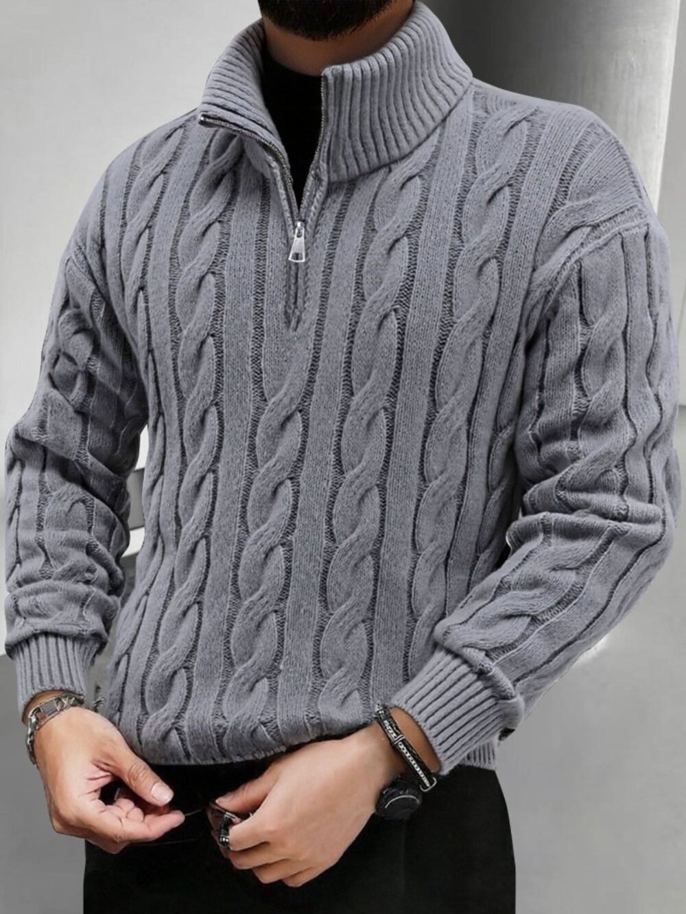Grey Regular Fit Men's Rib-Knit Half-Zip Knit Polo Sweater